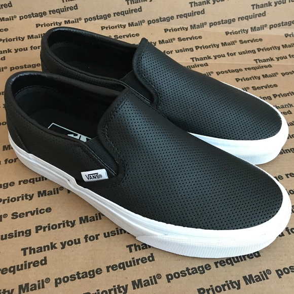 vans asher black leather slip ons